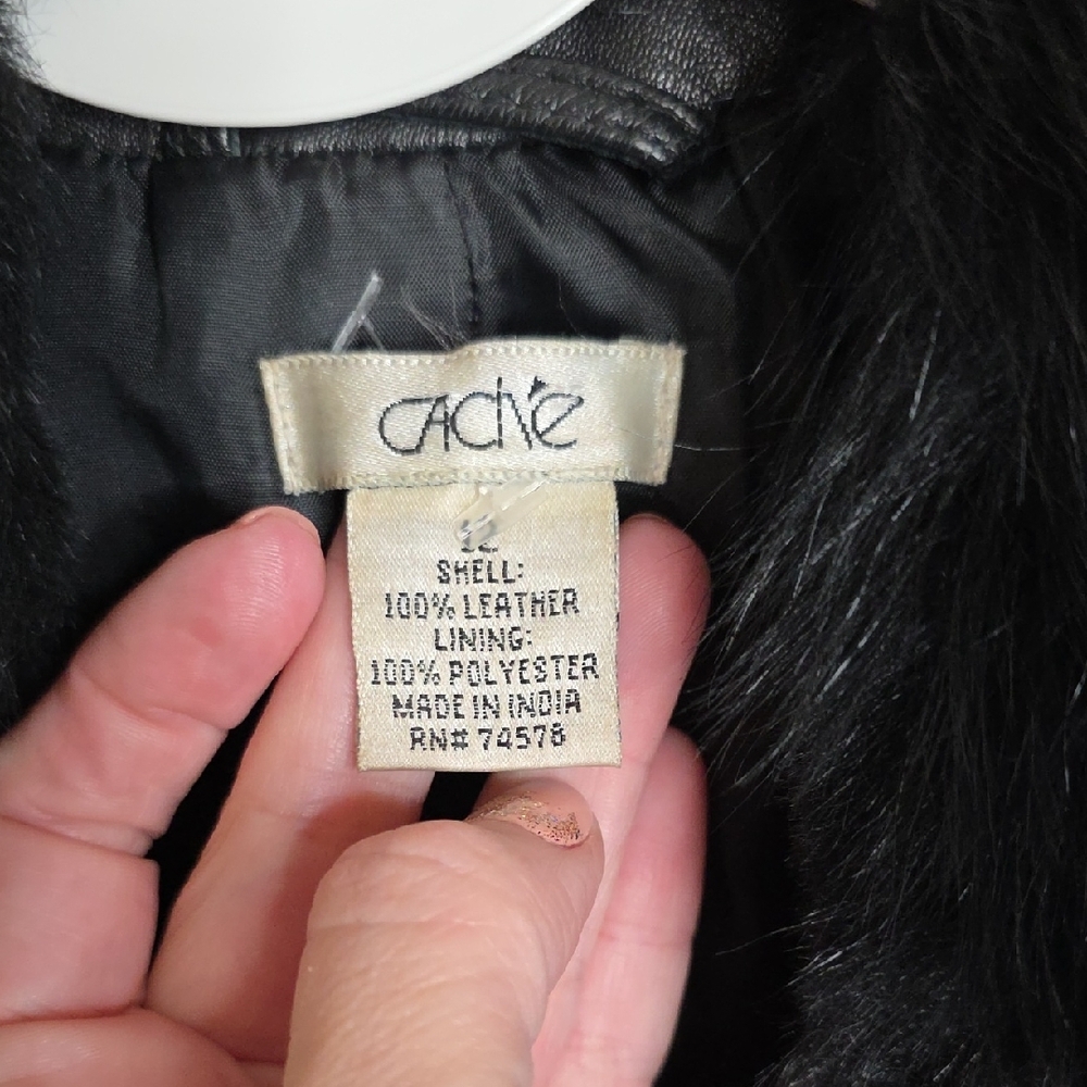 Cache Vintage Black Leather Jacket with Studs and Fur Sz 12 - Picture 2 of 14